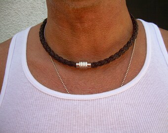 necklace leather mens magnetic stainless steel clasp braided thick groomsmen jewelry