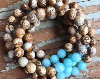 Picture Jasper + Amazonite | Spiritual Junkies | Yoga + Meditation | Single Stackable Mala Bracelet