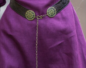 Leather Belt "Secret Garden"; Embossed Leather Belt; Belt with Metal Accents; Medieval Belt