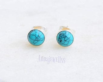 Turquoise Stud Earrings, Sterling Silver and Turquoise Posts, Bezel Set Earrings, Satin Finish
