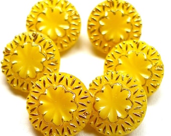 6 Czech Glass Buttons, Yellow glass with gold, 1/2", 13mm.