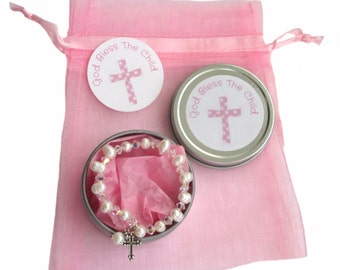 Children's 1st Communion or Baptism Freshwater Pearl Stretch Bracelet & Gift Tin Keepsake Package ~ 3 Sizes Available ~ Cream or Pink