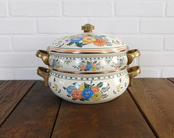 Vintage Kamenstein Flower Enamel Cookware, Farmhouse Kitchen, Enamel Stew Pot