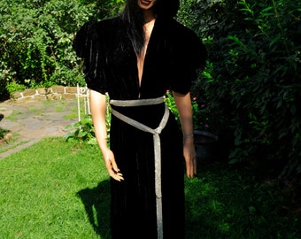 SALE Posh Vintage 1930's/ 1940's Black Silk Velvet Dress Long Full Length Gown Dress Ruched Sleeves