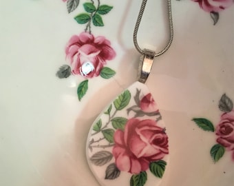 Teardrop Shaped Broken China Rose Pendant