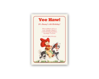 Digital Cowboy Birthday Party Invitation / Your Child's Info / editable PDF / add your text then print / retro boy on horse