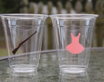 20 Rifles or Ruffles Gender Reveal Cups, 9 12 & 16 oz Cups, Plastic Rifles or Ruffles Cups, Disposable Country Gender Reveal Cups, Clear