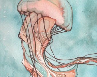 Pink Sea Nettle JELLYFISH 5 x 7 print of detailed watercolour in turquoise orange salmon earth tones, whimsical cotton candy fairytale