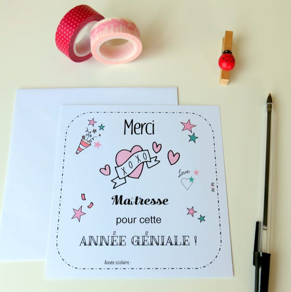 carte merci maitresse coeur rose carte