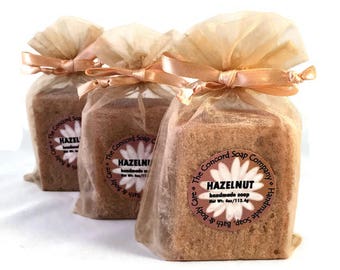 Hazelnut Handmade Cold Process Soap Bar, 4oz - food scent, nut, coffee, vegan, natural, organic sustainable palm oil, beige organza bag
