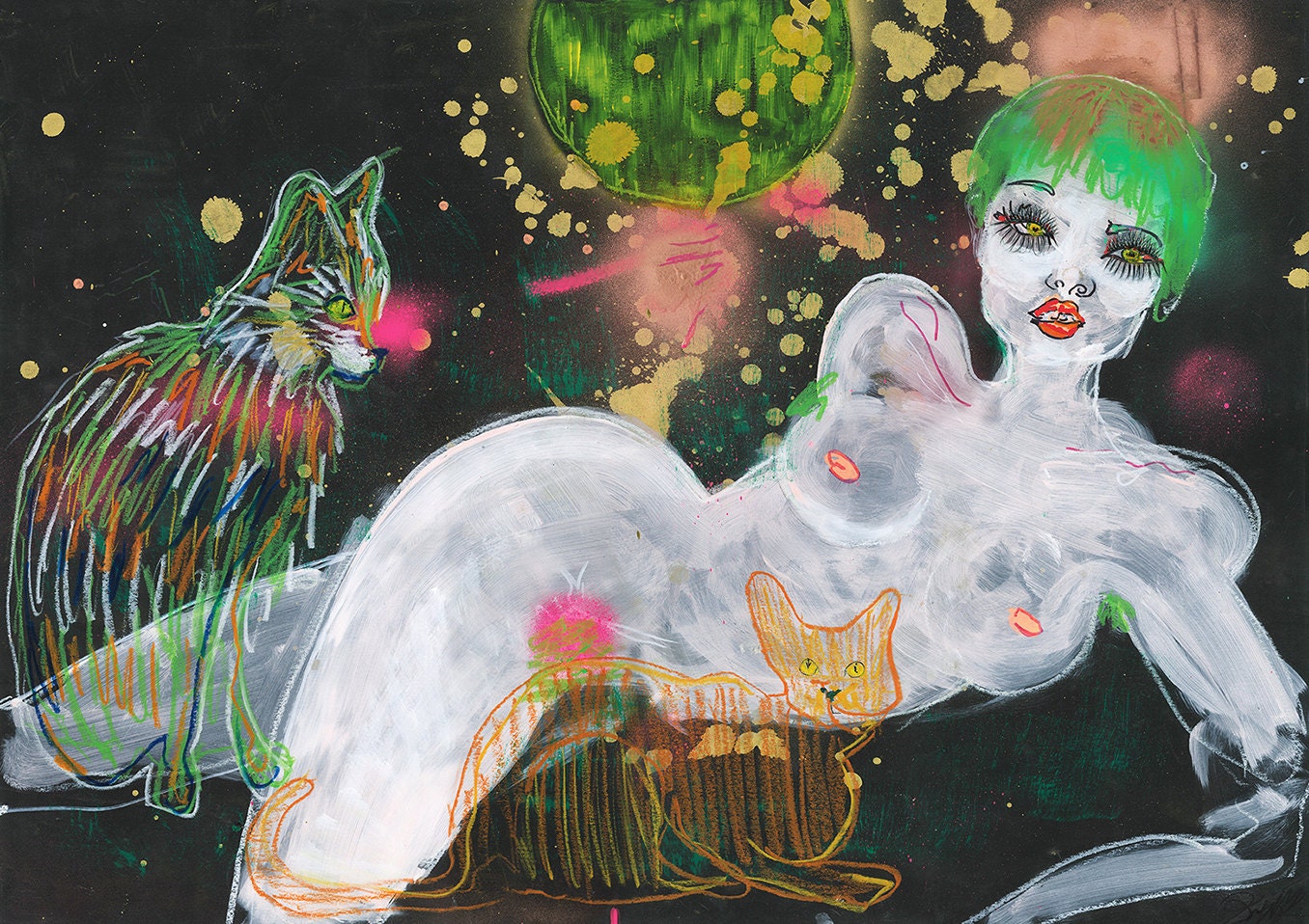 Cosmic Cat Lady / ORIGINAL / Painting / Nude / Woman / Cats