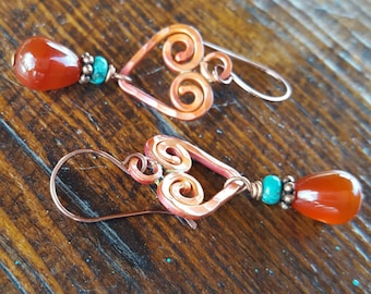 Copper Heart Earrings - Carnelian - Turquoise - Rustic - Cowgirl Jewelry - Valentines Day Gift - Gemstone Earrings by Heart of a Cowgirl