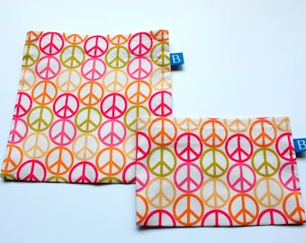 Reuseable Eco-Friendly Set of Snack and Sandwich Bags in Peace Signs Fabric