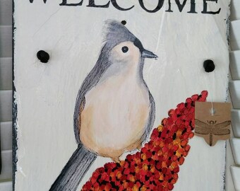Handpainted tufted titmouse on slate