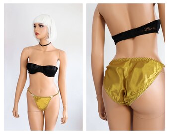 Satin Glossy Panties Golden Yellow Shiny Liquid Undies High Cut Lingerie String Bikini 1980s Thong French Cut 80s Underwear Size 6 Medium