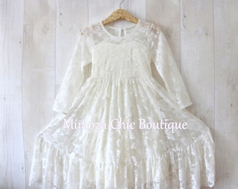 Flower Girl Dress, Girl Lace Dress, Country Lace Dress, Ivory Lace Dress, Rustic flower girl dress, long sleeve lace dress, Shabby chic