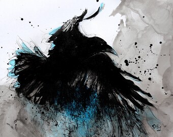 Raven art - A3 - 16x12in - abstract bird painting - turquoise feathers