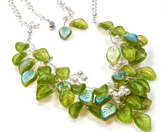 Green Statement Necklace, Green Bib Necklace, Green Floral Necklace, Bridal Jewelry,