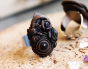 Clay & Gemstone Ring - Quartz - Fully Adjustable - Floral Flower Ring . Handmade Clay Jewelry . Goddess . Crystal and Gemstone Jewelry