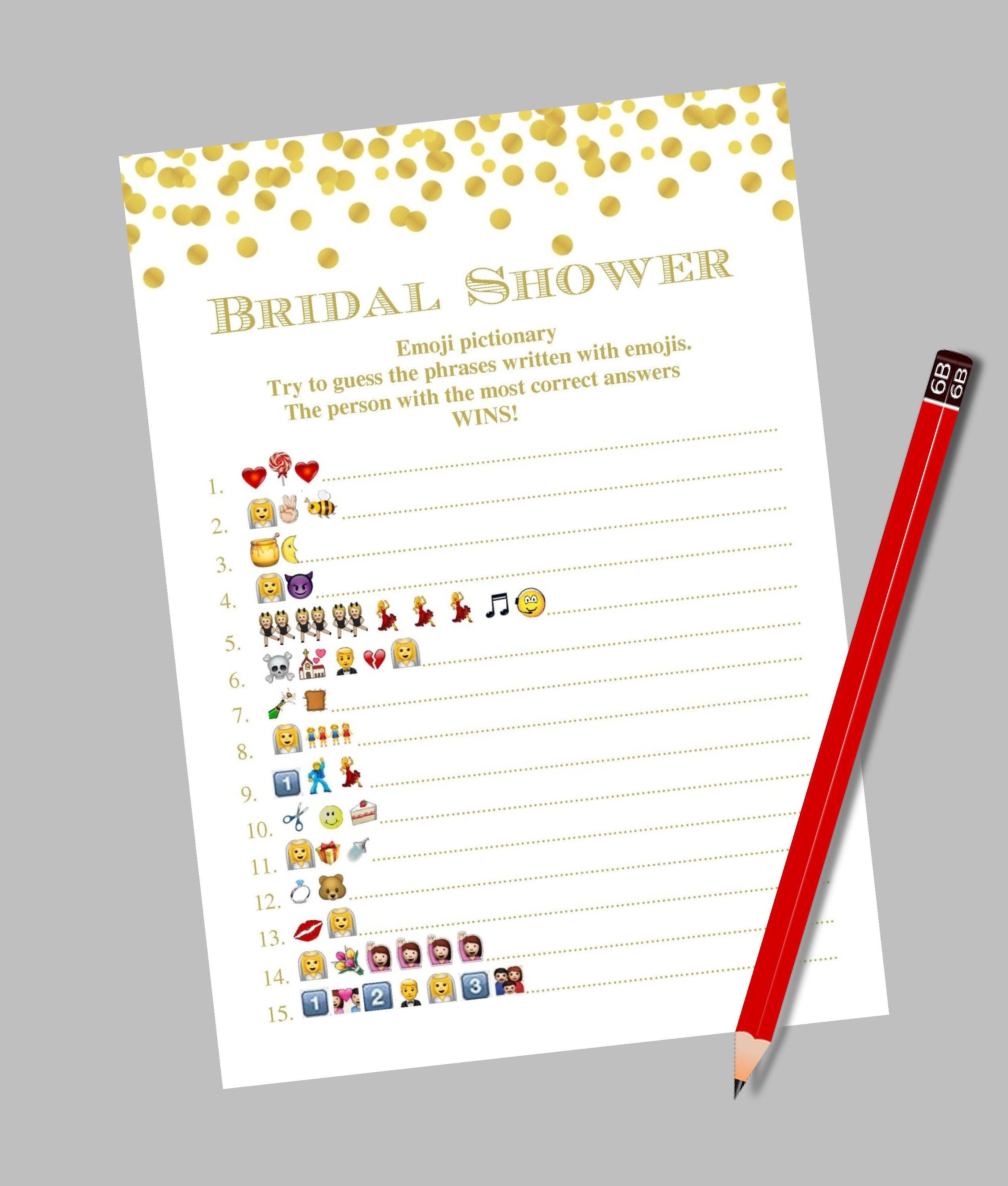 Emoji bridal shower game Gold Confetti bridal emoji pictionary