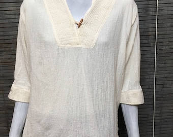 Boho blouse La Rueca Off White Cotton Gauze 3/4 Sleeves V Neck Boho Vintage Top Sz XXL