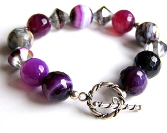 Banded Agate Bracelet, Purple Gemstones, Sterling Silver Toggle Clasp, Boho Jewelry, Chunky Fashion Bracelet, Gift for Special Occasion