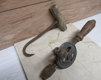 Antique Wooden Tools/Hand Crank Drill/Hay Pick