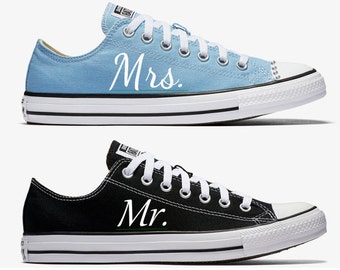 Custom Bride and Groom Mrs. and Mr. Wedding Converse Sky Blue and Black Hand Painted