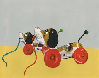 Walking the dogs. Limited edition print of an original painting by Vivienne Strauss.