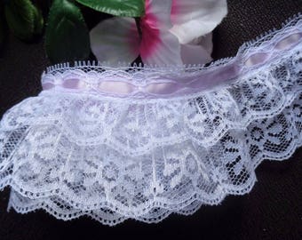 Ruffled Lace with Ribbon, 2+1/2 inch wide orchid - White selling by the yard