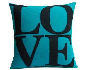 LOVE Throw Pillow Cover Appliquéd in Turquoise and Navy Eco-Felt 18 inches