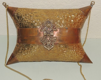 Vtg Puffy Pillow Metal Purse with Velvet Lining Brass and Copper