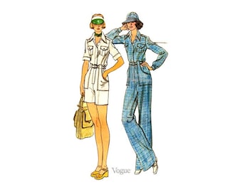 70s Womens Jumpsuit Pattern Vogue 9174, Loose fit, Straight Leg Pants or Bermuda Shorts, Womens Romper Vintage Sewing Pattern