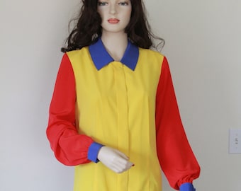 Vintage 1980's Ladies Blouse, Primary Color of Red Blue and Yellow, Bright Color Block Blouse, Silky Soft Material, Ronald McDonald Blouse