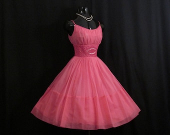 Vintage 50s 1950's HOT PINK Fuschia Beaded Rhinestones Ruched CHIFFON Organza Party Prom Wedding Dress