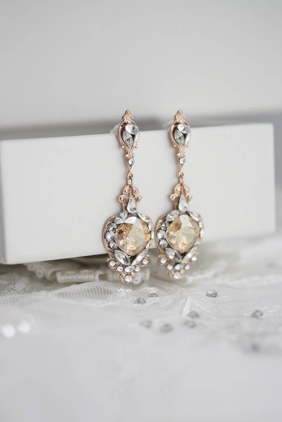 Wedding Earrings Rose Gold Vintage Bridal Swarovski Wedding Earrings Rose Gold Vintage Bridal Swarovski Crystal Chandelier Rustic Modern Bride Gift Estella