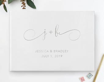 Silver Wedding Guest Book, Initials Wedding Guest Book, Silver Guest Book, Silver Guestbook, Calligraphy Guest Book, White Blank Pages, 31