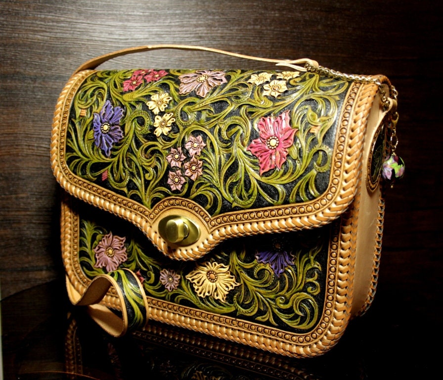 Hand-tooled leather bag carved handbag tooled purse