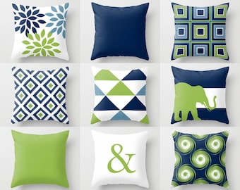 Outdoor Pillows, Navy Pear Green White, Outdoor Home Decor, Outdoor Throw Pillows
