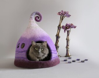 Cat bed Cat cave Cat house Small dog house Purple, lavender,Lilac, Nordic style cat cave, Natural wool, Eco friendly, Fantasy cat cave, OOAK