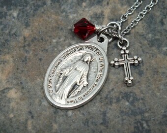 Miraculous Medal Necklace with Swarovski Crystal Element and Cross Charms; Catholic Jewelry; Religious Necklace; Catholic Necklace
