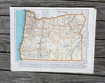 Oregon Map / Vintage Map Print / Map Wall Art / 1939 Antique Map of Oregon / Travel Decor Atlas Map / Kitchen Decor / State Map Oregon