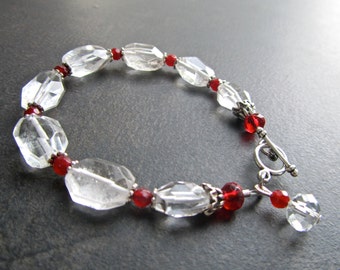Rock Crystal Statement Bracelet, Chunky Clear Rock Crystal Quartz, Ruby, Quartz Nuggets, Semi Precious, Crystal 1057