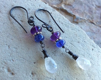TANZANITE, AMETHYST, and MOONSTONE earrings, multi gemstone jewelry, sterling silver, handmade by Angry Hair Jewelry