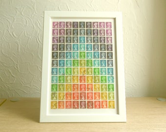 Rainbow Postage Stamp Art | Framed 8x11 Multicolor Collage Art A4 Office Desk Art | Chakra Chevron Wall Art | Upcycle Art Retro Hipster Gift
