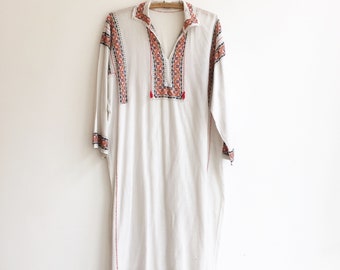 Vintage romanian hungarian cotton embroidery hippie boho folklore dress tunic S/M