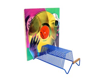 Mid-Century Modern Teak & Electric Blue Metal Record Rack || 40 Slot Vinyl Record Holder || Retro Mail Sorter