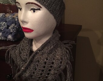Crocheted grey cowl scarf