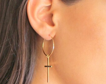 Cross Hoop Earrings, Minimalistic Cross Charm Earrings, cross earrings, hoop earrings, dangle cross earrings, Dainty cross hoop earrings