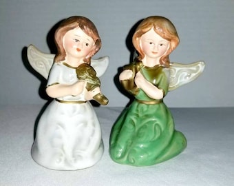 Vintage Angel Figurines,Pottery Angels,Christmas Angels,Violin,Harp,Christmas Figurine,Kitsch,Vintage Christmas,Angel,1960s
